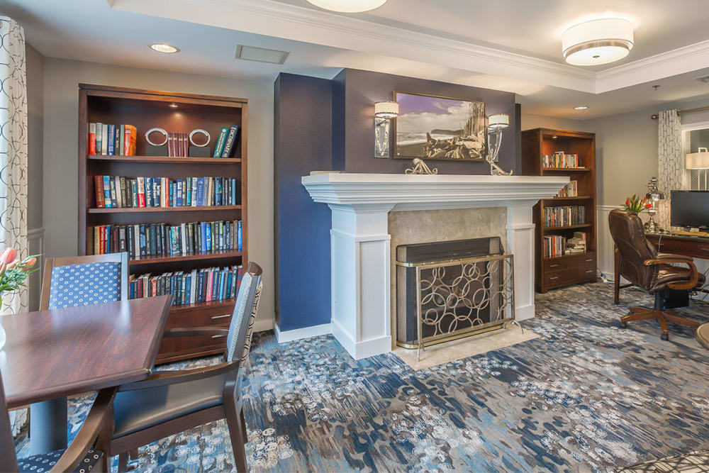 Fireplace lounge at Regency at Northpointe in Spokane, Washington