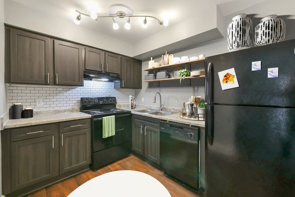 Kitchen with dark cabinets and modern appliances at The Reserve at Red Bank Apartment Homes in Chattanooga, Tennessee