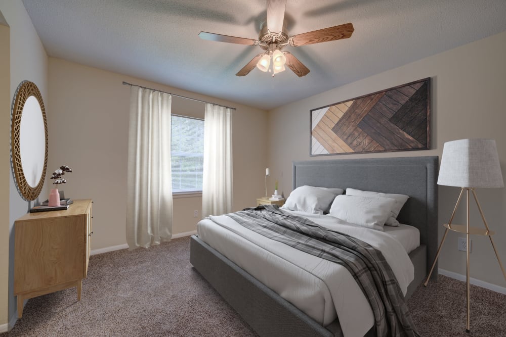 Bedroom with ceiling fan at Homewood Heights Apartment Homes in Birmingham, Alabama