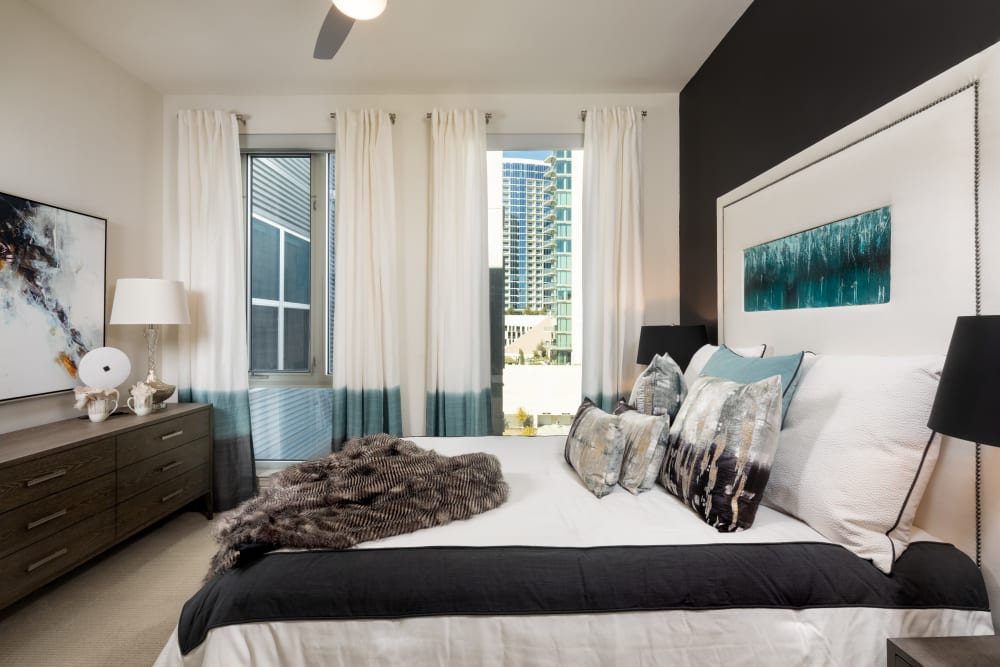 Model bedroom at Instrata at Legacy West in Plano, Texas