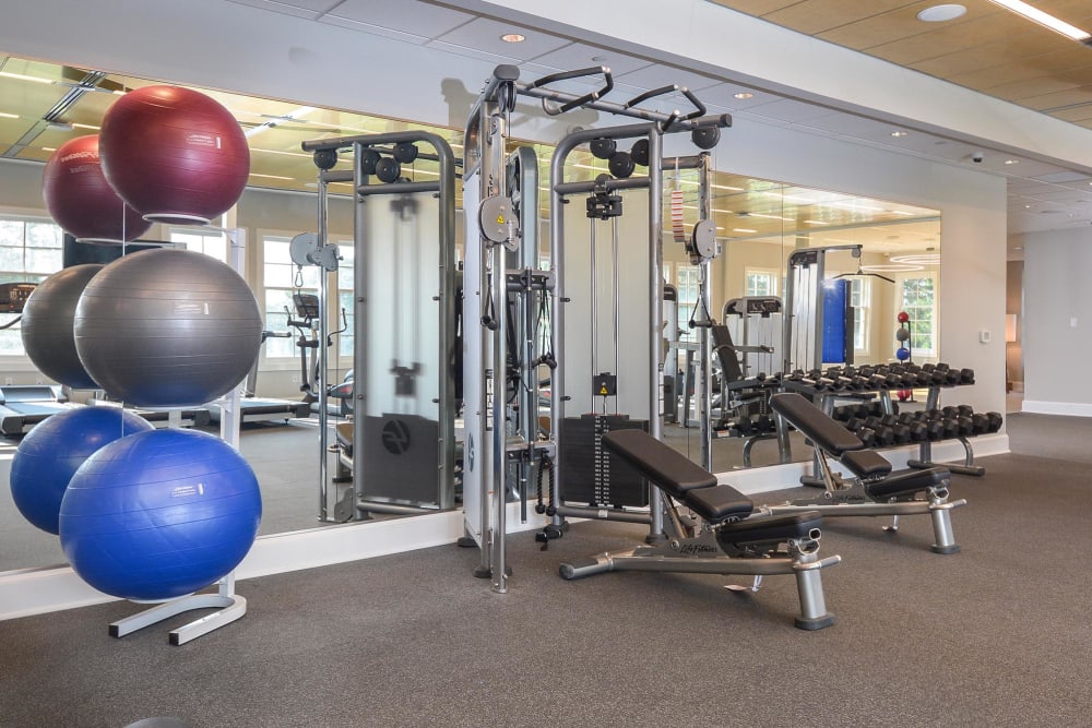 Fitness center with machines yoga balls at Overlook at Flanders, Flanders, New Jersey