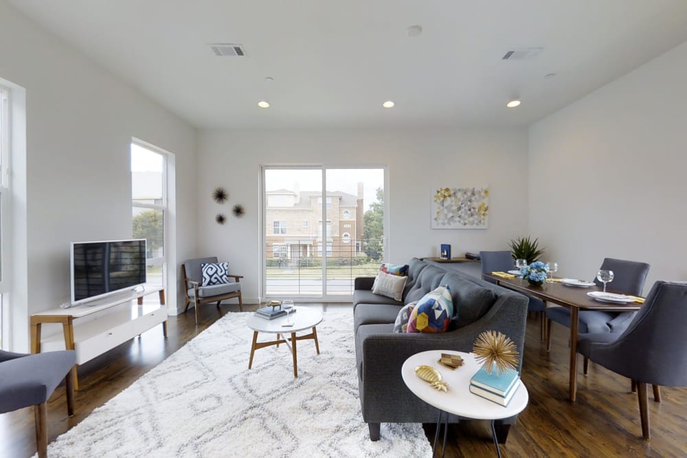 Open concept kitchen and living room at The Collection Townhomes in Dallas, Texas