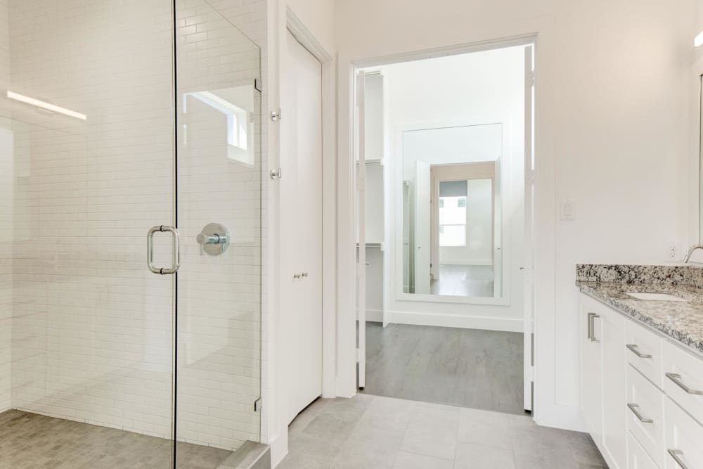 Spacious bathroom with large shower at The Collection Townhomes in Dallas, Texas