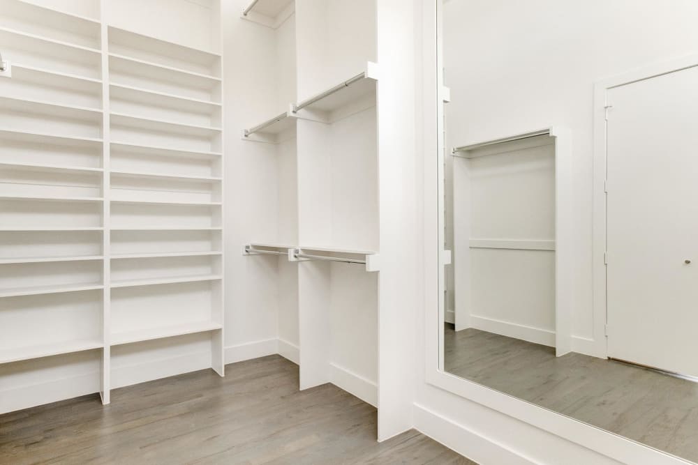 Built in shelving in the walk-in closet at The Collection Townhomes in Dallas, Texas