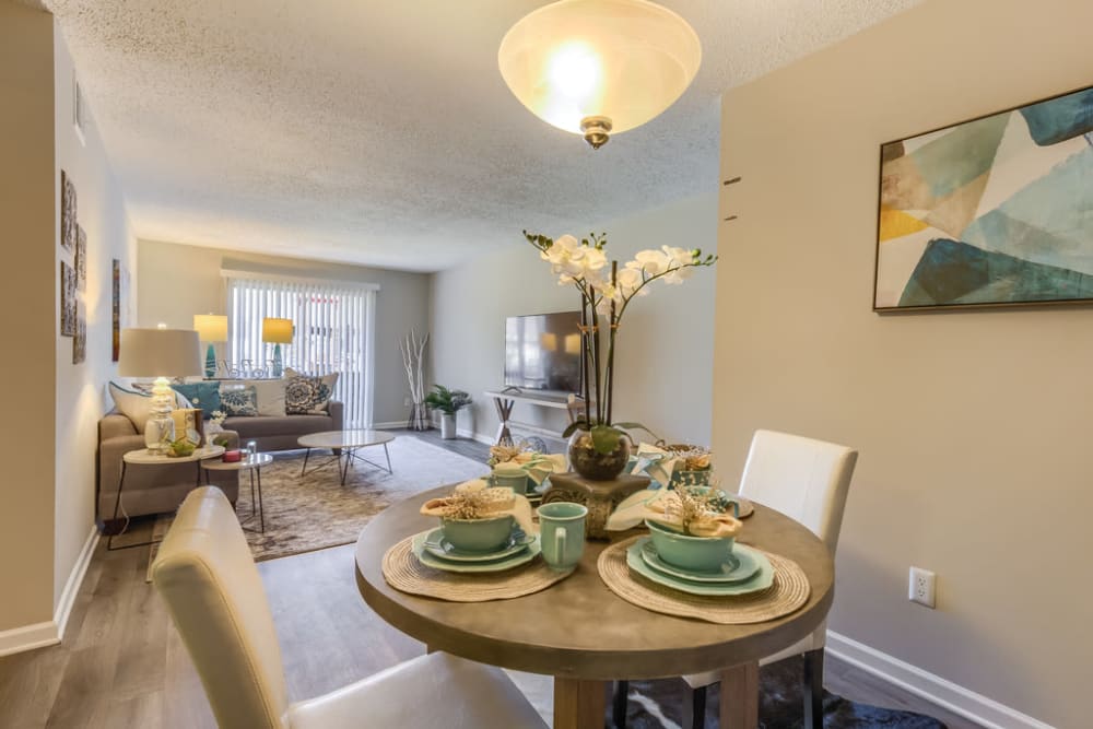 Model apartment dining room and living room at Northbrook and Pinebrook in Ridgeland, Mississippi