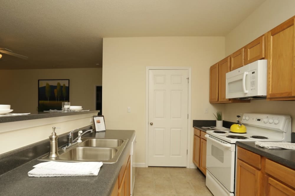 Model apartment kitchen at Jasmine Cove in Simpsonville, South Carolina
