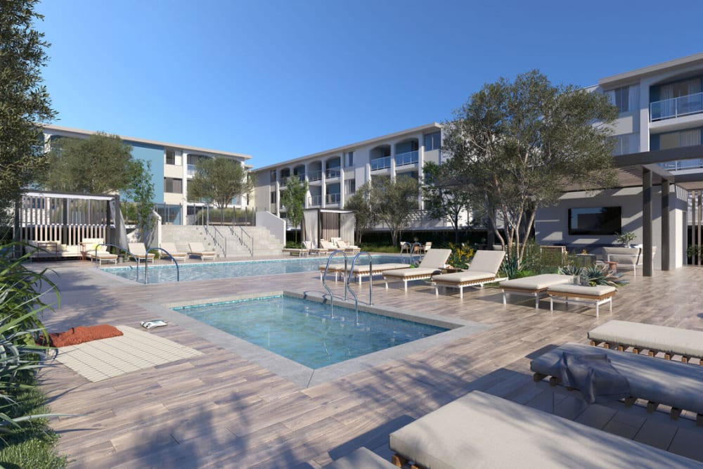 The community swimming pool and spa at Dolphin Marina Apartments in Marina Del Rey, California