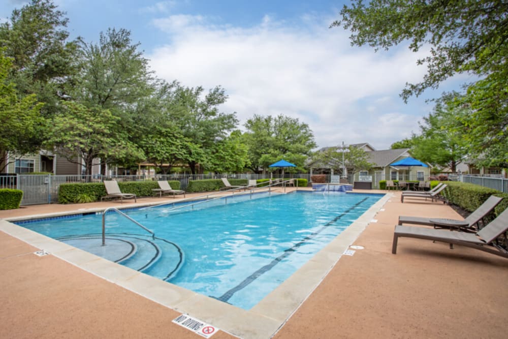 The resort-style community swimming pool at Mariposa at Ella Boulevard in Houston, Texas