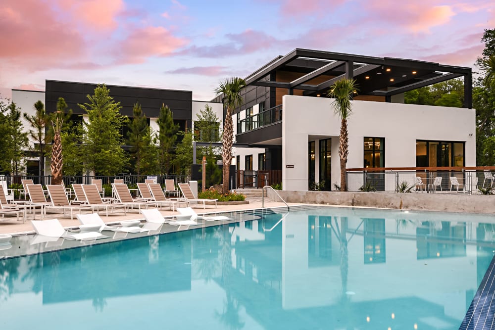 Swimming pool at dusk at Olympus Preserve at Town Center in Jacksonville, Florida