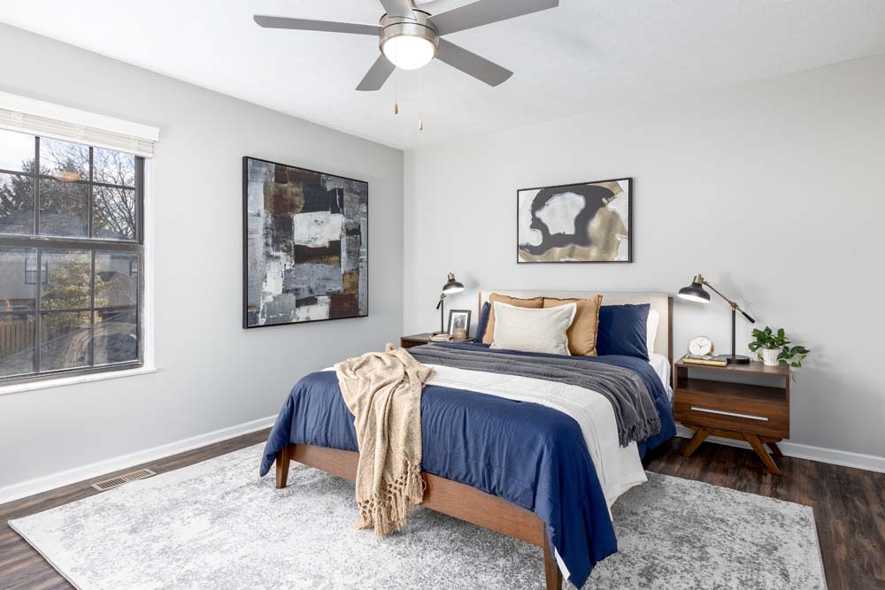 Bedroom with ceiling fan at Apartments in Columbus, Ohio
