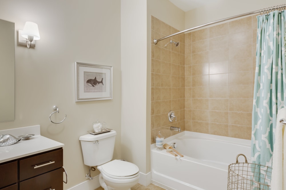 Model bathroom with a large shower at Arcadia at Rivers Edge in Medford, Massachusetts
