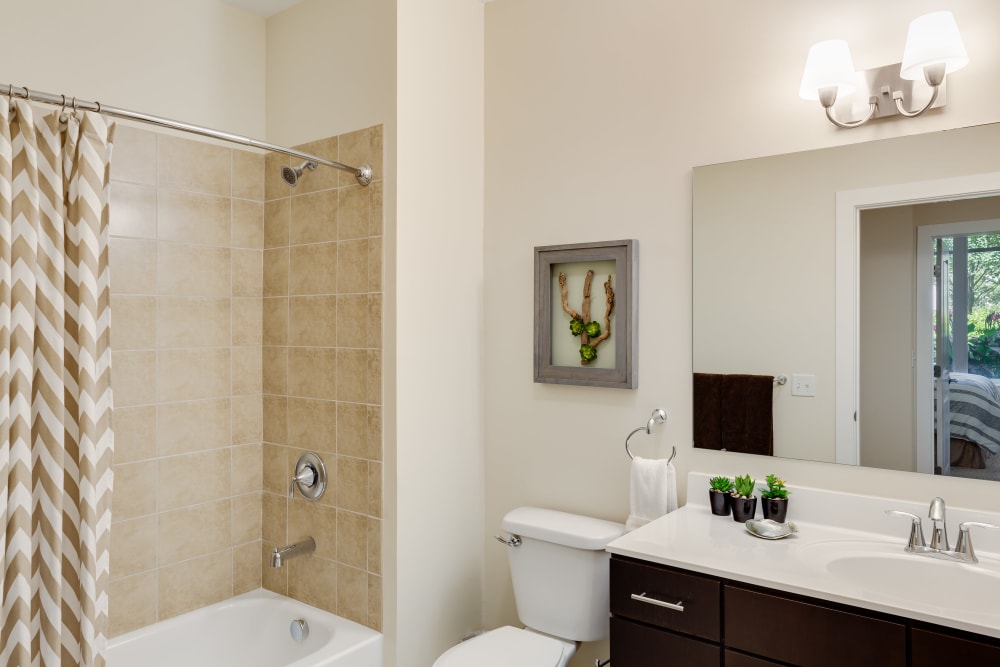 Model bathroom with a large vanity at Arcadia at Rivers Edge in Medford, Massachusetts