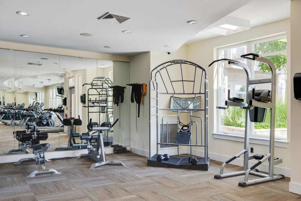 Resident gym with a weight rack at Arcadia at Rivers Edge in Medford, Massachusetts