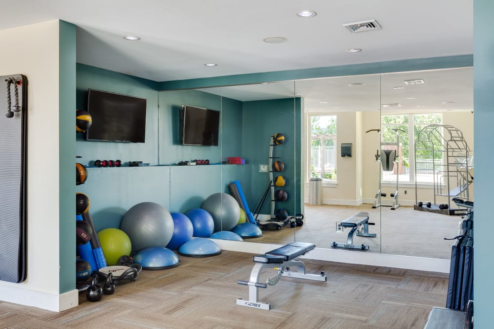 Resident gym with exercise balls at Arcadia at Rivers Edge in Medford, Massachusetts