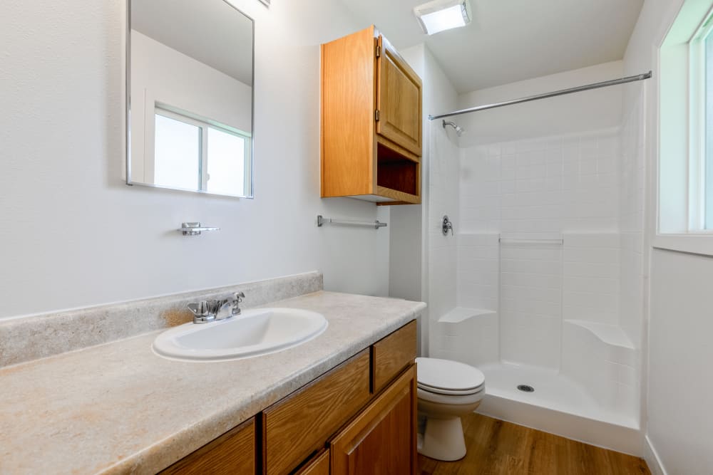 Bathroom with walk in shower at Carter Lake in Joint Base Lewis McChord, Washington