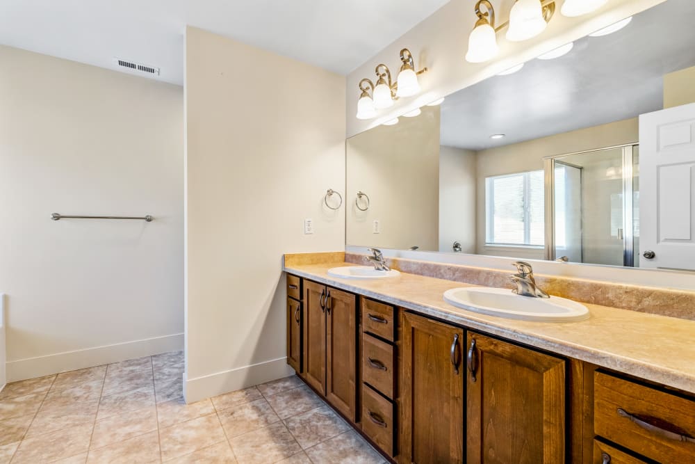 Bathroom with double vanity sink at Cascade Village in Joint Base Lewis McChord, Washington