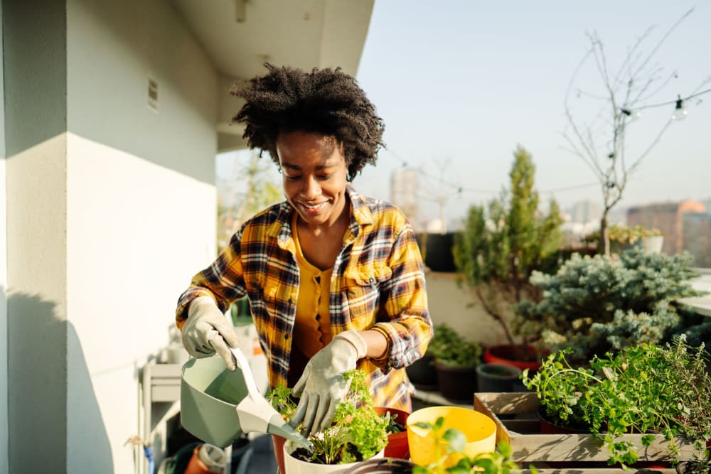 Woman watering her plants at Shoreline Veterans Center in Shoreline, Washington