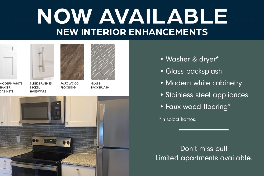 Feature graphic with new kitchen updates now availble at Gable Hill Apartment Homes in Columbia, South Carolina