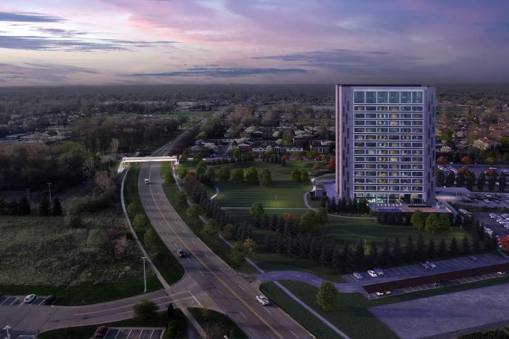 Aerial view surrounded by greenery at The Bank Tower in Southgate, Michigan