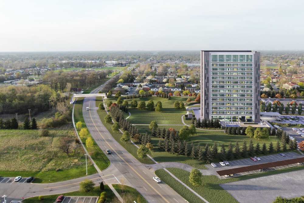 Exterior community at The Bank Tower in Southgate, Michigan