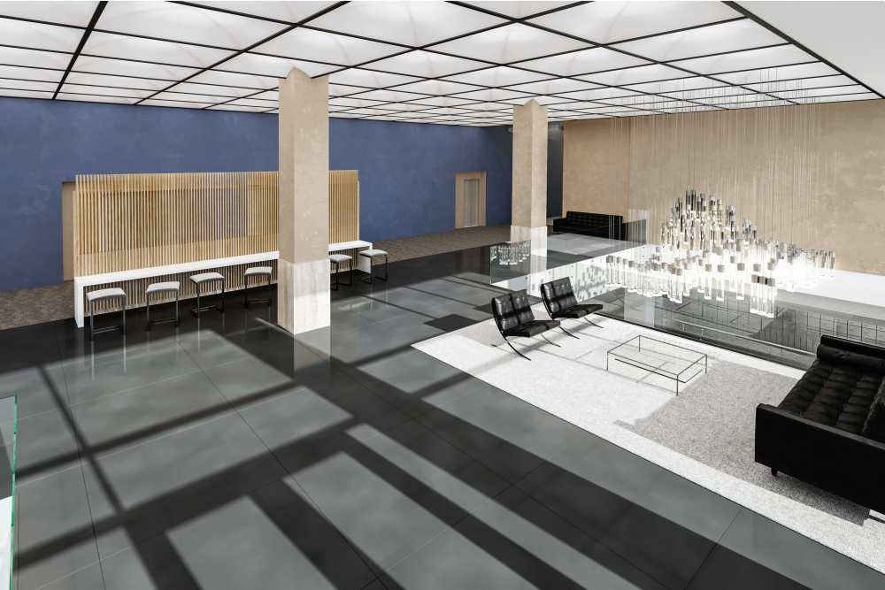 An apartment featuring modern lobby area at The Bank Tower in Southgate, Michigan