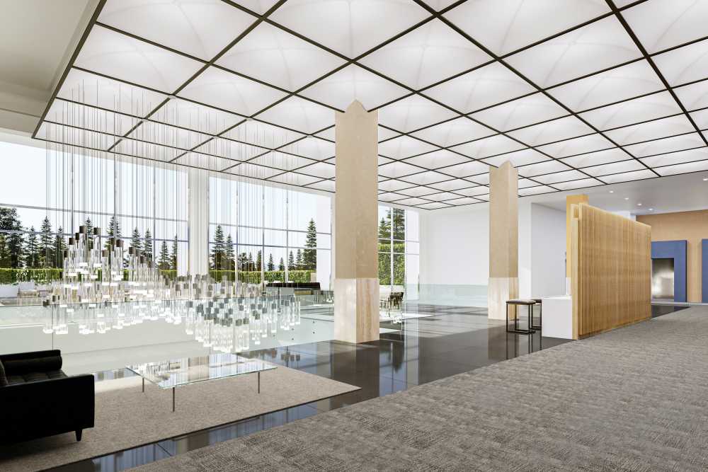 A lobby area with modern design at The Bank Tower in Southgate, Michigan