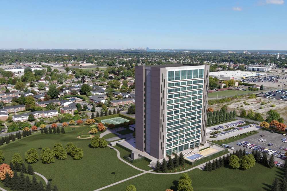 Exterior view of an apartment at The Bank Tower in Southgate, Michigan