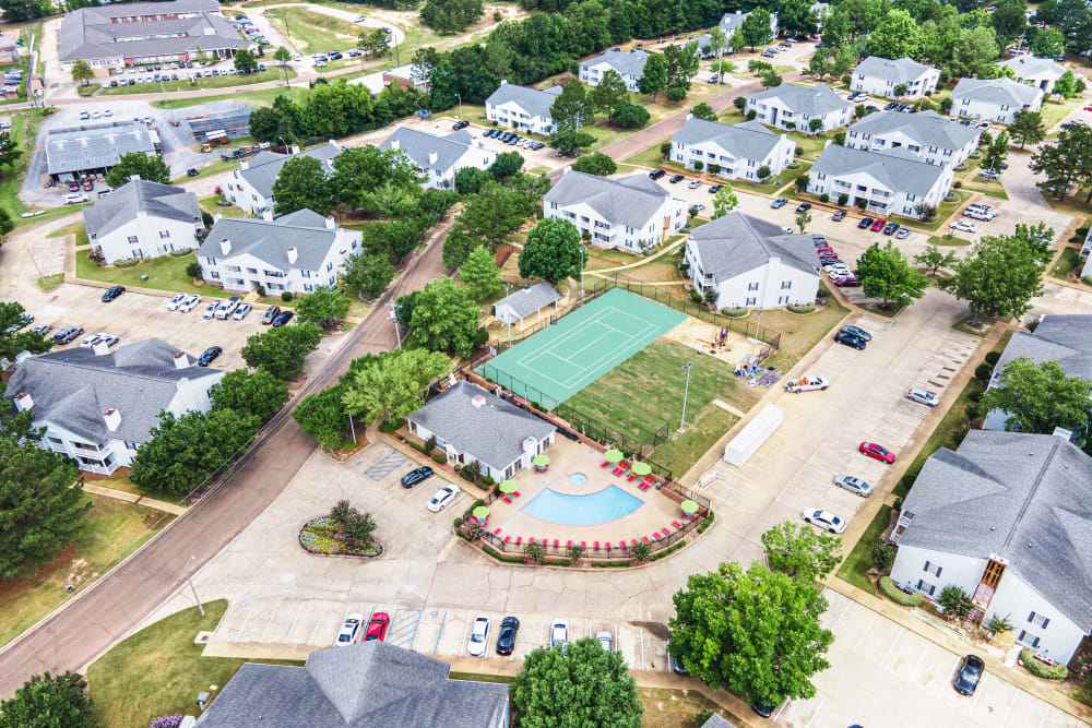Aerial view of the pool at Bradford Place Apartments in Byram, Mississippi