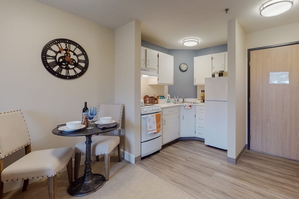 Kitchen in senor living apartment at Mountlake Terrace Plaza in Mountlake Terrace, Washington 