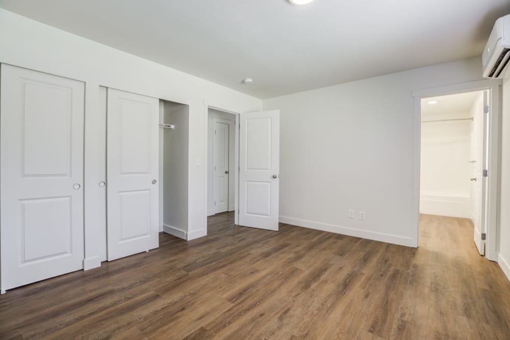 Primary bedroom with two large closets at Heartwood in Joint Base Lewis McChord, Washington