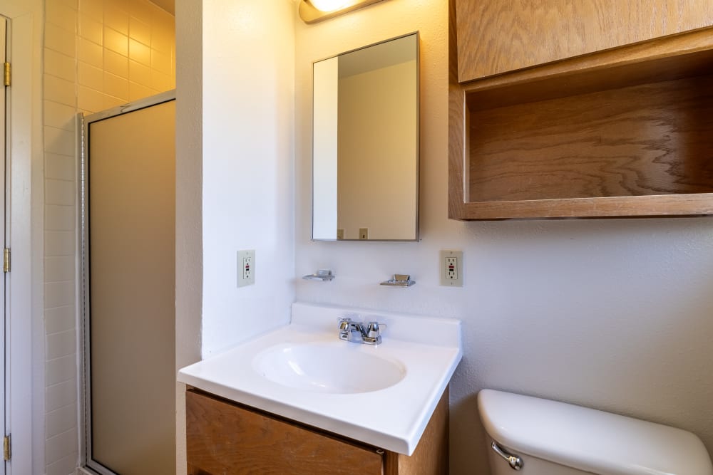 Bathroom with walk-in shower at New Hillside in Joint Base Lewis McChord, Washington