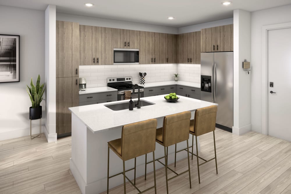 Rendering of kitchen apartment at Ironworks on Fox in Denver, Colorado