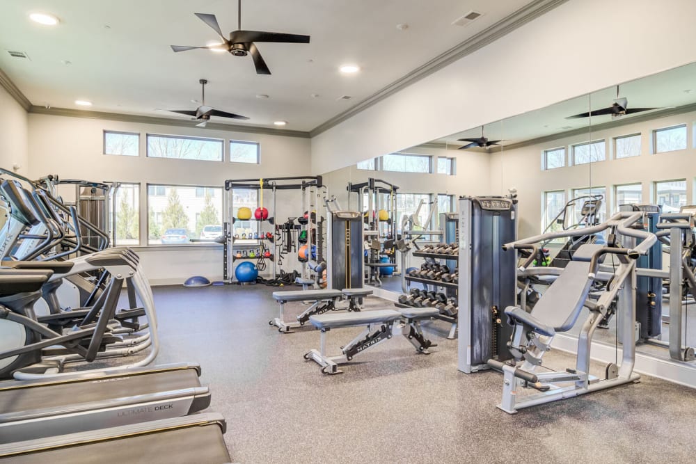 Exercise equipment in the fitness center at Brookside Heights Apartments in Cumming, Georgia