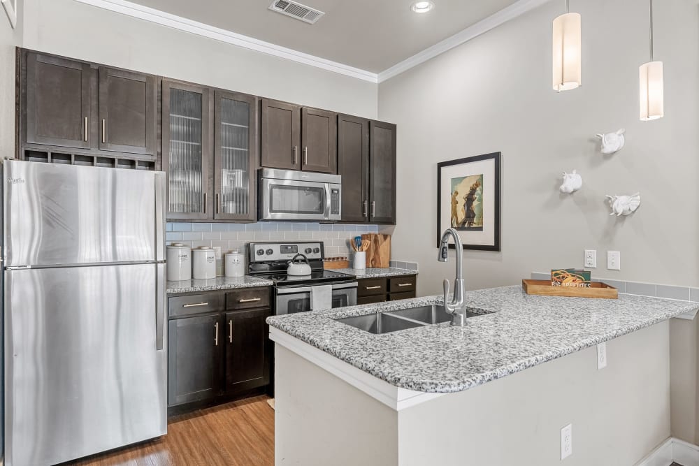 Beautiful kitchen with Custom Espresso Cabinetry, Stainless-Steel Appliances, and Granite Countertops at Marquis at Barton Trails in Austin, Texas