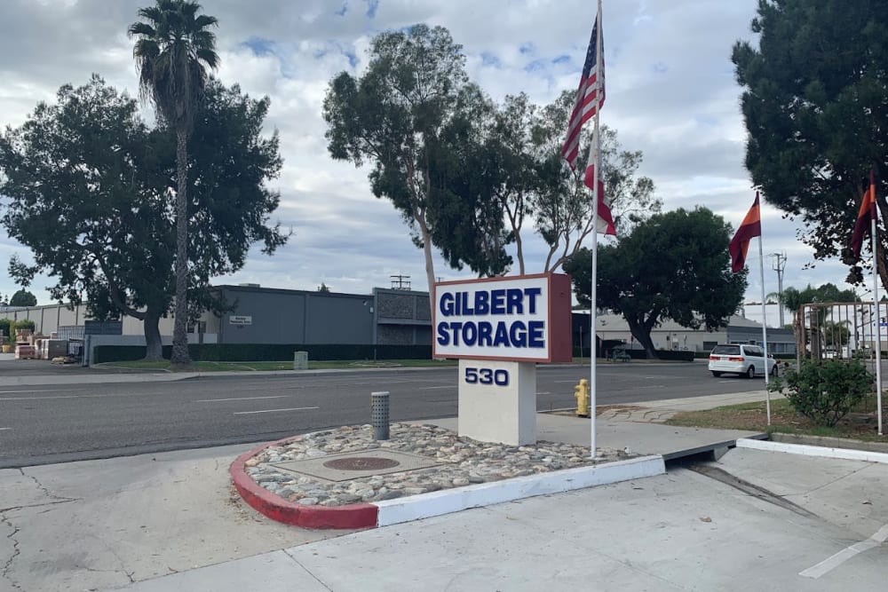 A sign at Gilbert Self Storage in Fullerton, California