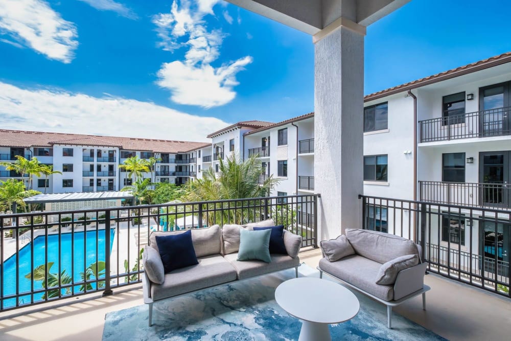 Patio view over swimming pool at The Residences at Monterra Commons in Cooper City, Florida