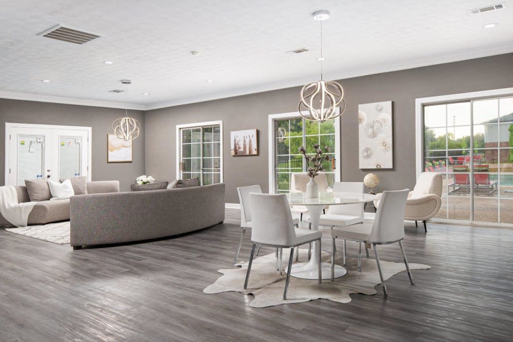Model apartment living room dining room combo at Southwind Apartments in Richland, Mississippi