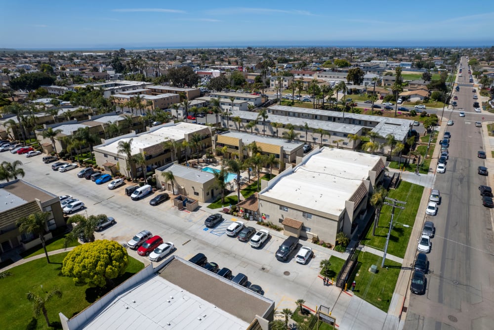 Ariel view from above of Royal Village Apartments in San Diego, California