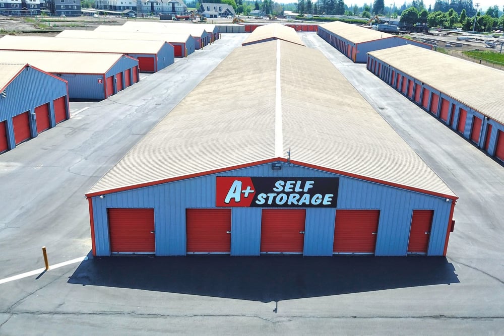 Aerial View of storage units at A+ Self Storage in Woodburn, Oregon