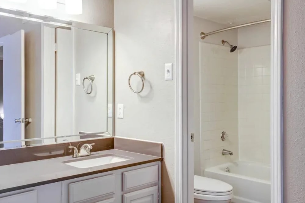 Bathroom with a large counter at Embry Apartments in Carrollton, Texas