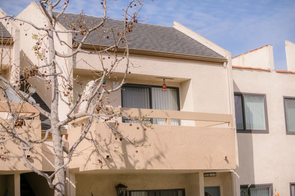 2nd story apartment balcony at Wallace Court Apartments in Costa Mesa, California