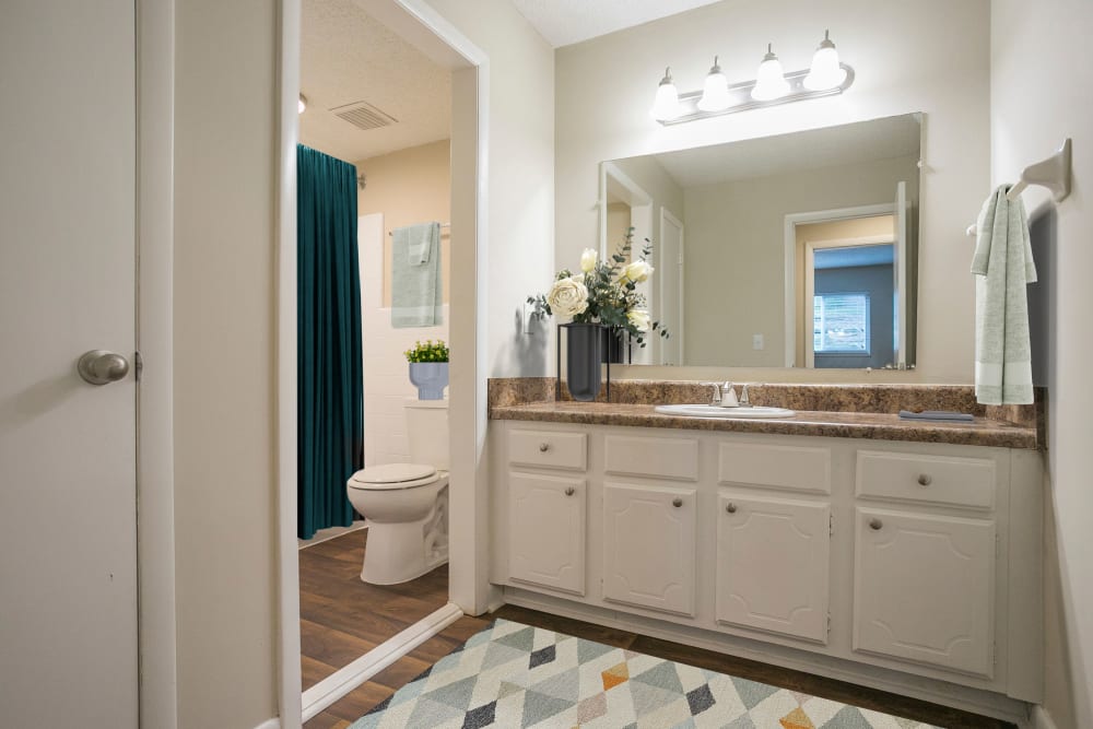Nice double vanity in bathroom at Candlewood Apartment Homes in Nashville, Tennessee