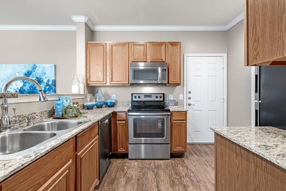 Modern style kitchen with stainless steel appliances and granite countertops at Marquis at The Cascades in Tyler, Texas
