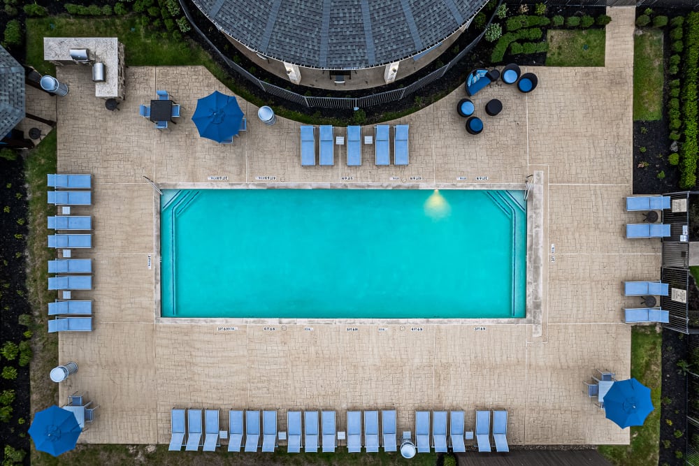 Ariel view of community pool at Marquis at The Cascades in Tyler, Texas