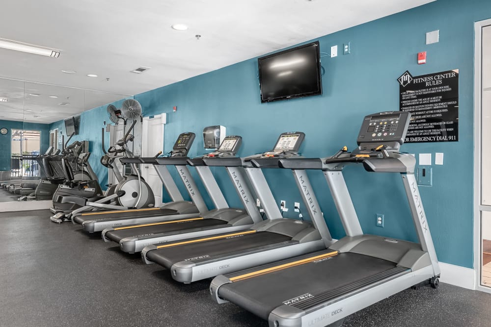 Cardio machines lined up against the wall at Marquis at Texas Street in Dallas, Texas