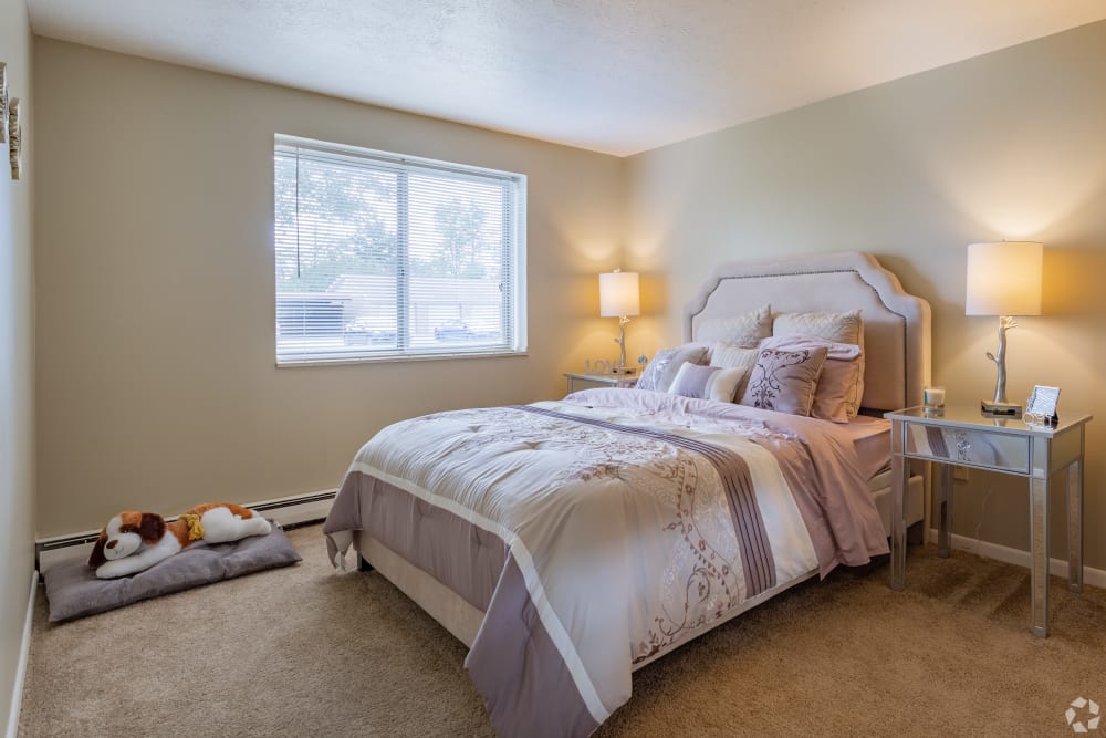 Master bedroom with carpeting and large windows at Columbus Park Apartments in Bedford Heights, Ohio