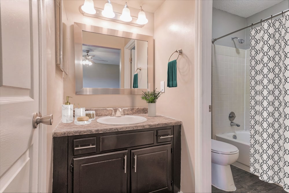 Bathroom with modern details at The Gatsby at Midtown Apartment Living in Montgomery, Alabama