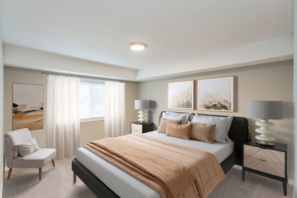 Bedroom with plush carpet at Gibson Creek Apartments in Madison, Tennessee