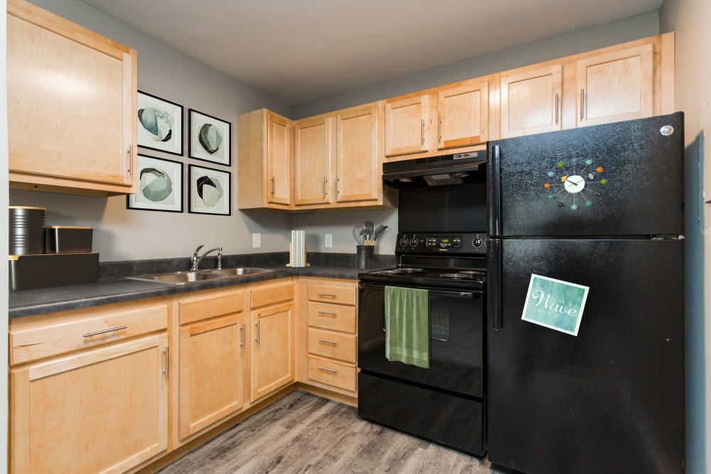 Kitchen with black appliances at Gibson Creek Apartments in Madison, Tennessee