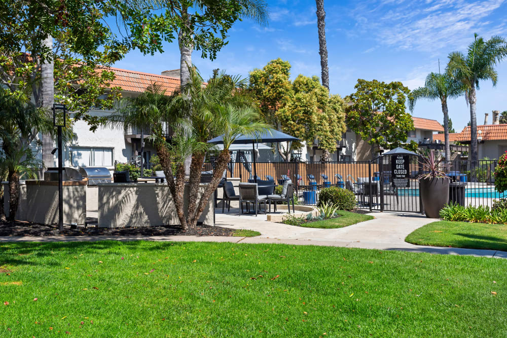 Community courtyard with green grass and palm trees at Terra Camarillo in Camarillo, California